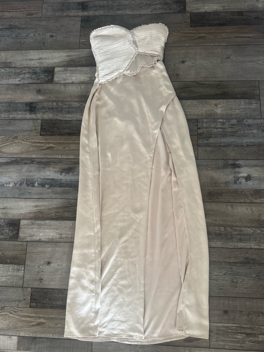 MESHKI Larissa Satin Maxi Dress With Ruched Petals - Blush Gold Size Small - Picture 2 of 6